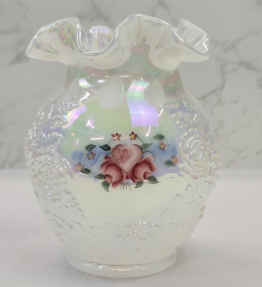 Vtg Fenton Iridescent  Carnival Glass Embossed Roses Hand Painted Vase, Signed