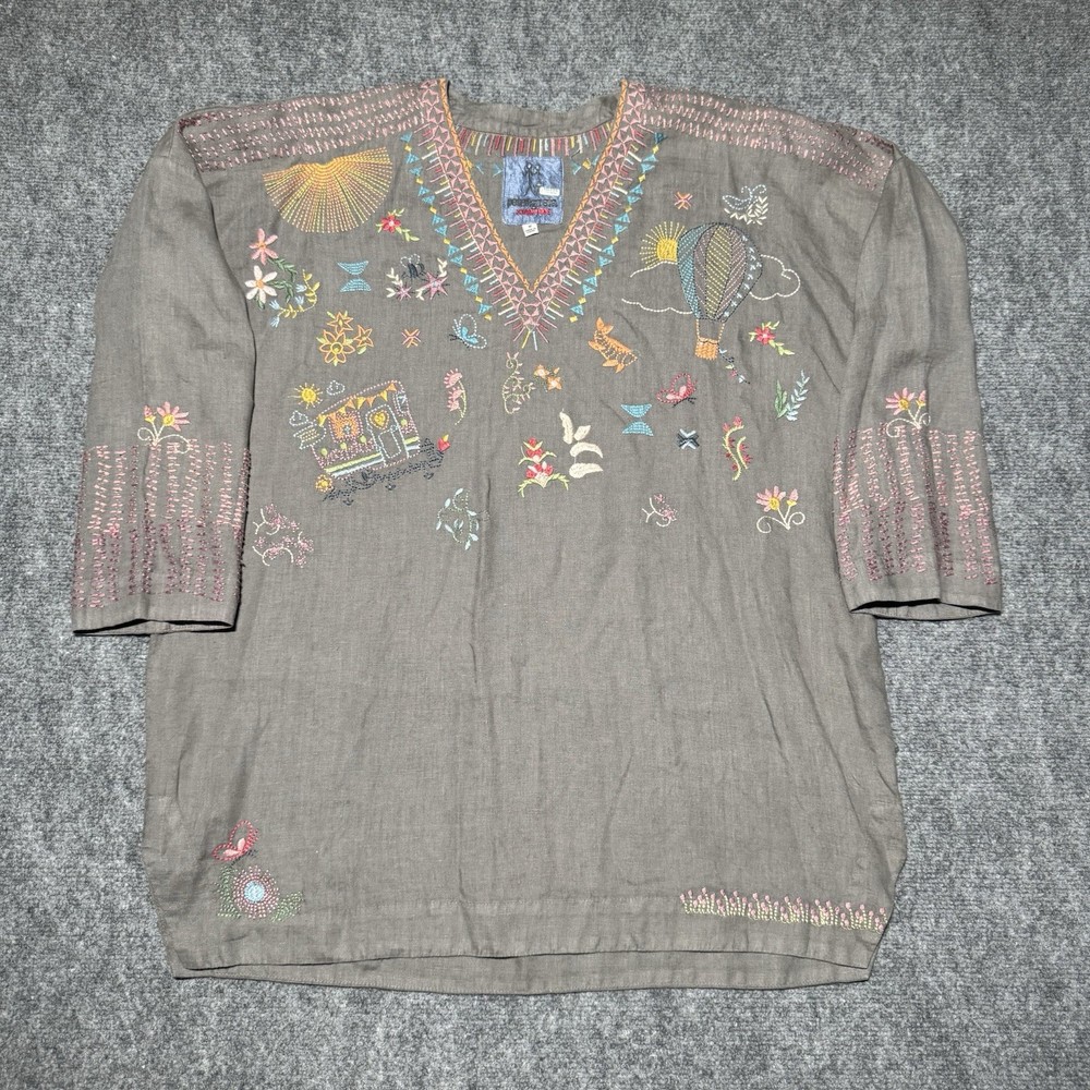 Johnny Was Pete & Greta 100% Linen Embroidered V-Neck Tunic Top Size Medium Boho