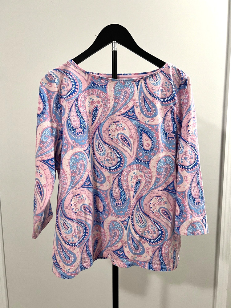 Talbots Tee Cotton Stretch Blue Pink Paisley Top Women’s XL Petite 3/4 Sleeves