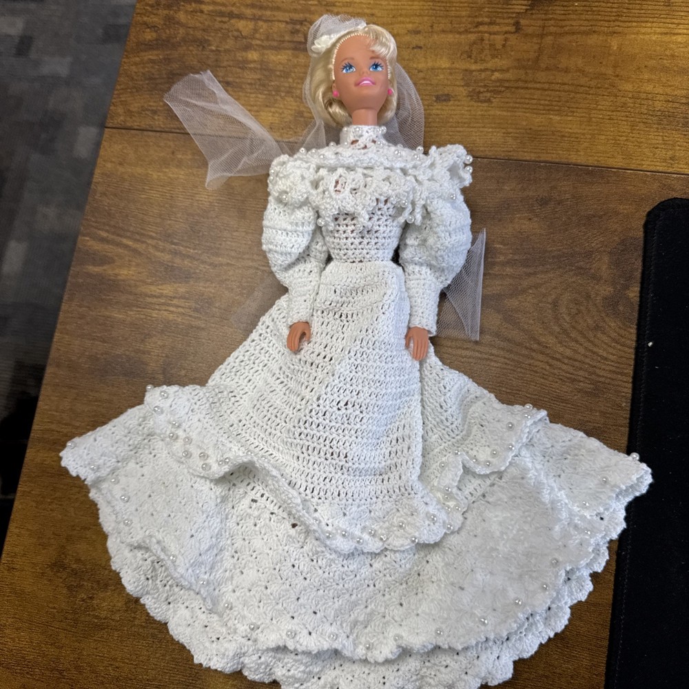 Barbie Doll in Handmade Crocheted Bride Dress with Veil and Bouquet
