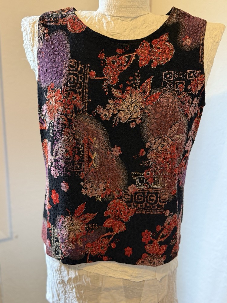 Women's Black Floral Polyester Blend Sleeveless Crew Neck Tank Top, XL