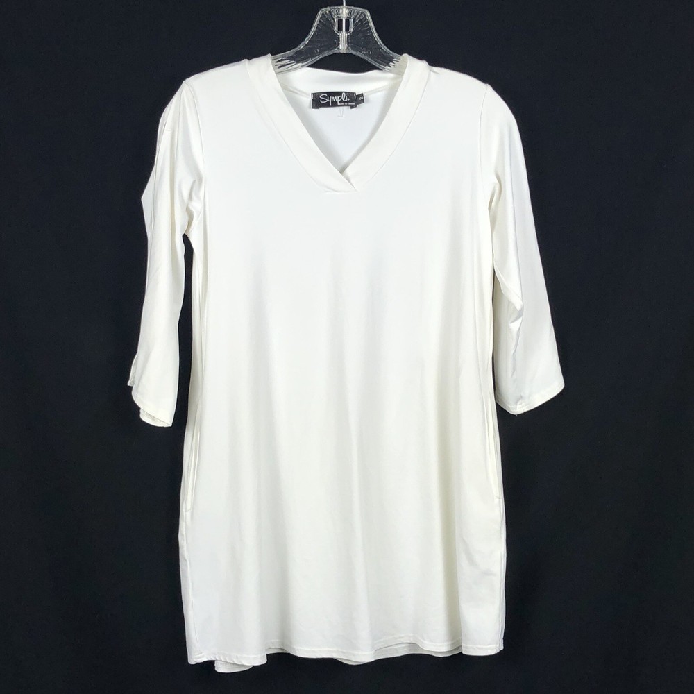 SYMPLI Canada Sz 2 XS Tunic Top Jersey Knit White Pockets  3/4 sleeve Slits