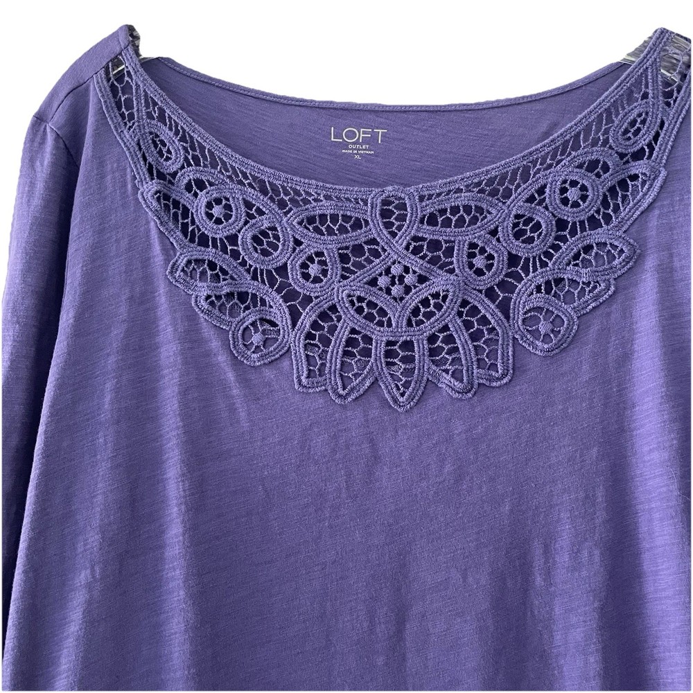 LOFT Women's Size XL Purple Crochet Lace Accent Soft Cotton Shirt Top Boho