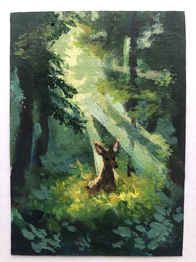 ACEO Original Art Deer Doe in Forest – OOAK Abstract Acrylic Painting 2.5
