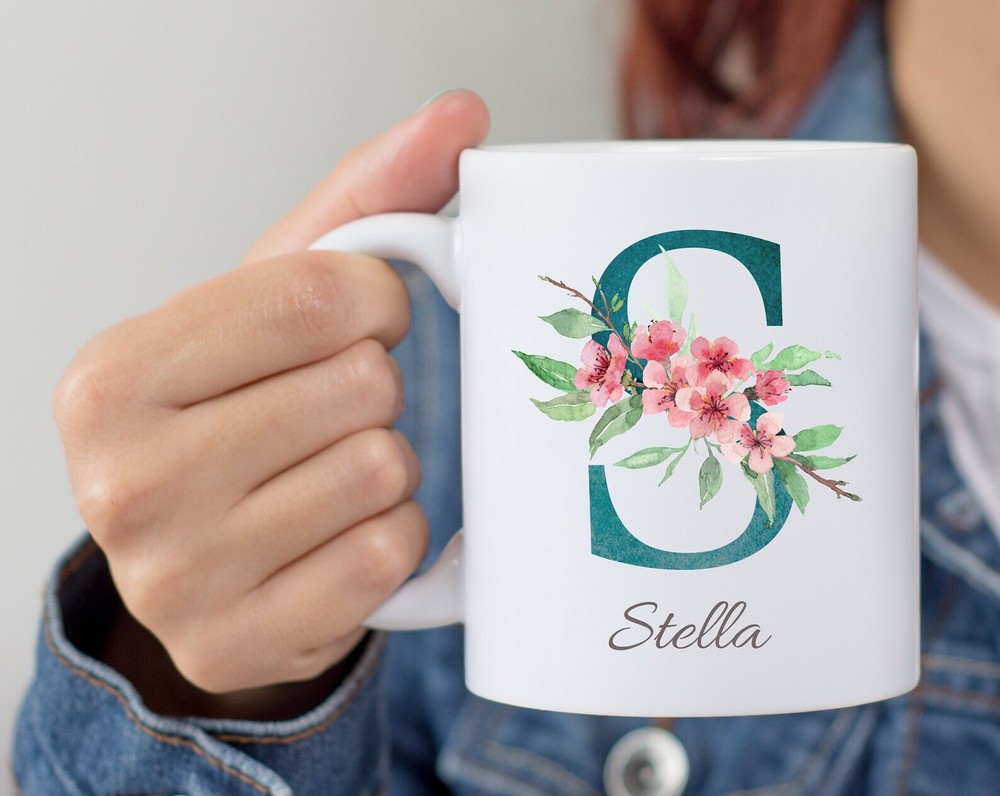 Personalized Monogram Initial Name Mug Floral Alphabet Cup Birthday Gift