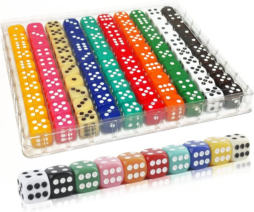 100 Pieces 16MM Dice Set, 6 Sided Standard Colored Dices with Portable Plasti...