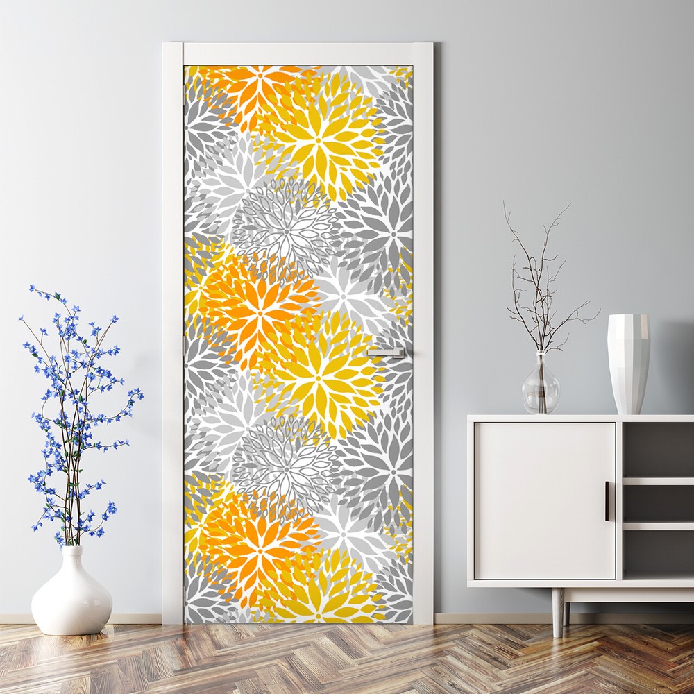 Chrysanthemum Flowers Door Decal Soft Floral Yellow & grey Repositionable