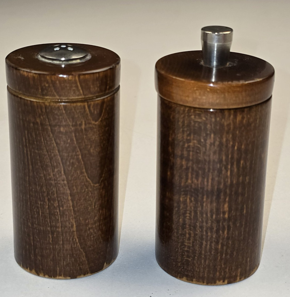 VTG MCM Verity Southall Salt Shaker Pepper Mill Wood Mid Century Minimalist 3.5'