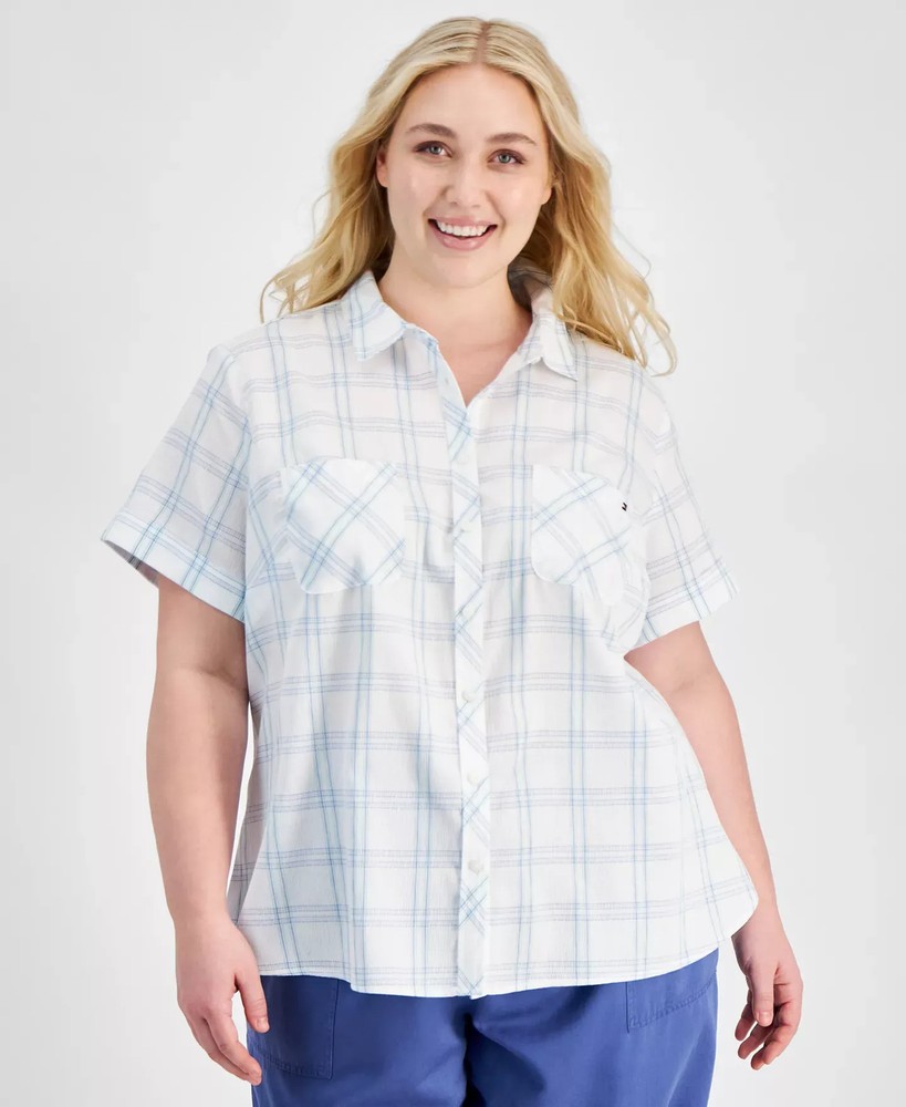 Tommy Hilfiger Women's Top Plus Sz 0X Size Cotton Plaid Textured