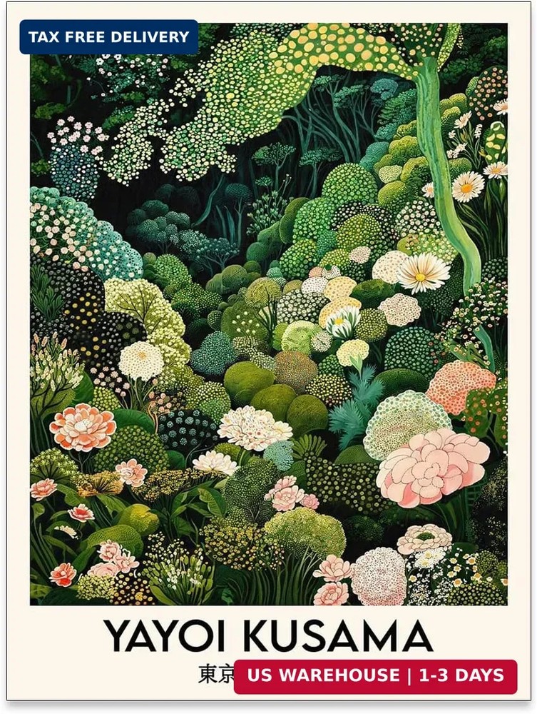 WIUHIO Yayoi Kusama Botanical Wall Art Vintage Japanese Nature Floral Poster Gre