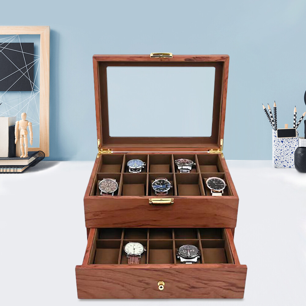 20-Slot Wooden Jewelry and Watch Organizer with Drawer Storage Box