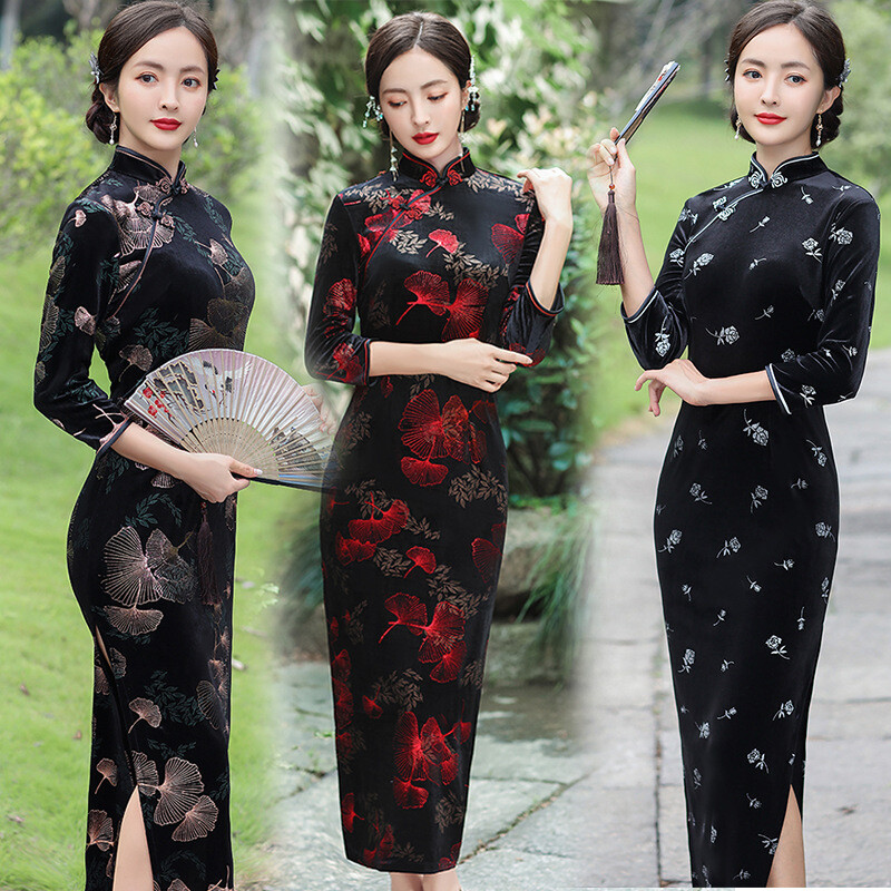 Women Chinese Evening Party Qipao Dress Stretch Velvet Long Cheongsam Plus Size