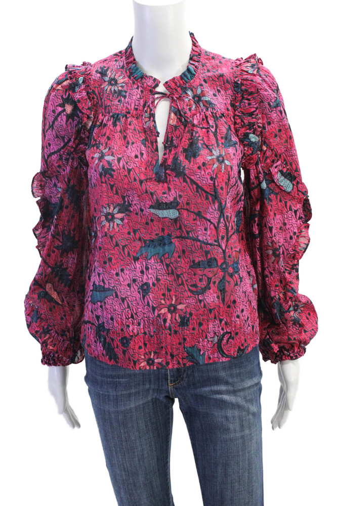 Ulla Johnson Womens Cotton Blend Floral Long Sleeve Blouse Top Pink Size 00Free Shipping in US $100+ Orders | $6.95 Orders Below