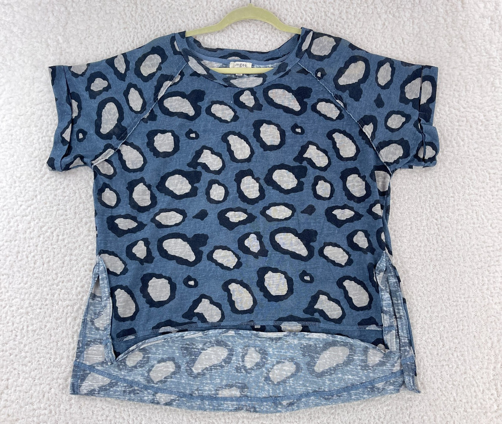 Umgee Shirt Womens Medium Blue Animal Print Hi-Lo Hem Short Sleeve Knit Boho Top