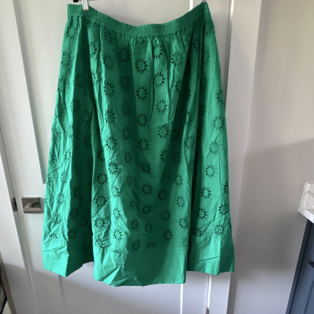 J.Crew Green Eyelet A-Line Skirt Elastic Waist Long Plus Size 2X Women Cotton