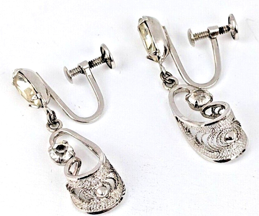 Vintage Sterling Silver Filigree Crystal Rhinestone Screw Back Dangle Earrings