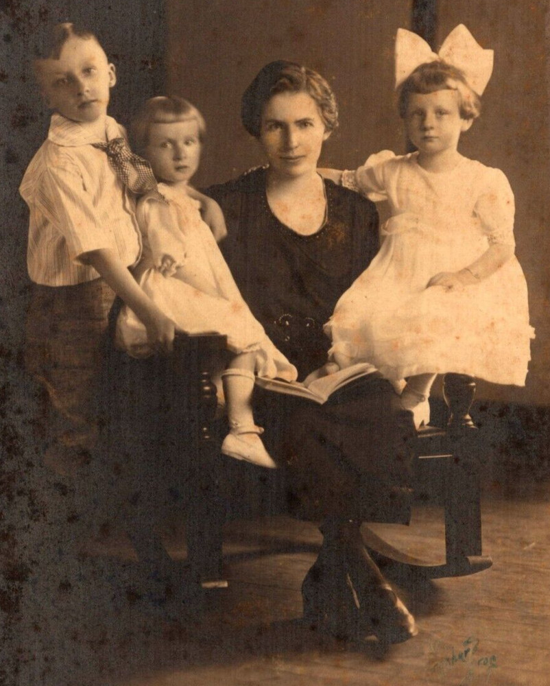1921 Real Photo Family Portrait A Mother & Her Boy Girl Children Vintage Photo