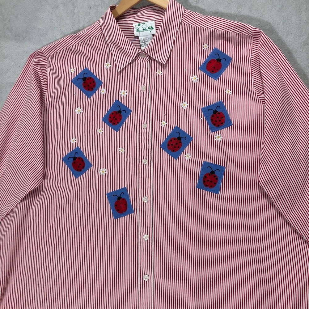 Cracker Factory Button Down Shirt Ladybug Embroidered Novelty Top 2X