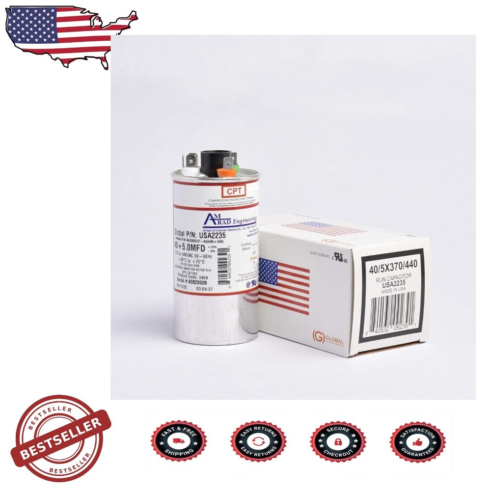 40 + 5 µF Round Dual Universal Capacitor for 370/440 VAC - CPT Terminal