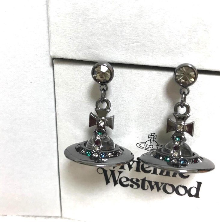 Vivienne Westwood Tiny Orb Earrings Pierce Gunmetal Clear No Box From Japan New