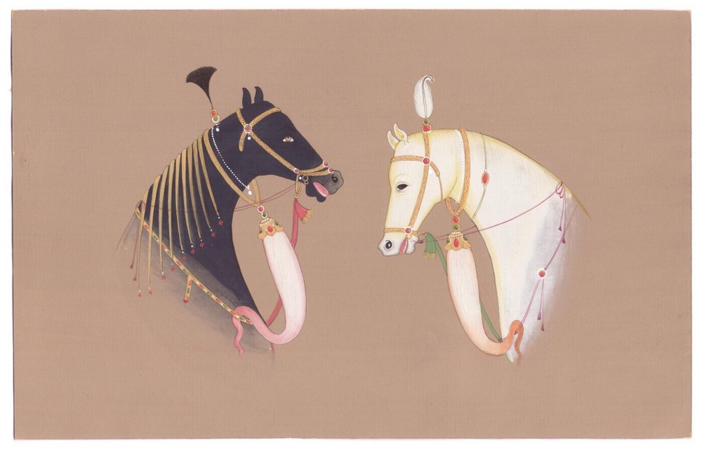 Indian Style Art Painting Of  Horse Pair On Paper For Wall 9x5.75 Inches