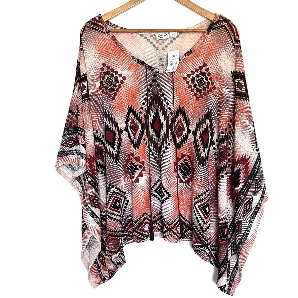NWT Cato Plus Shirt Women’s Size 26/28W Geometric Boho Poncho Style Tassels Top