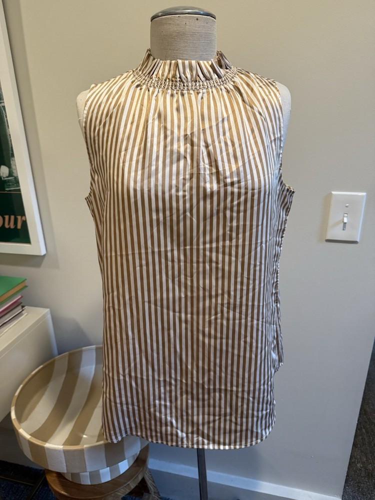 Brown White Striped Smocked Sleeveless Mock Neck Blouse Size M