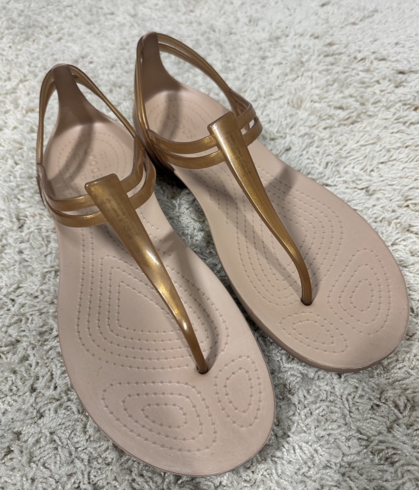 Crocs Women’s Isabella T Strap Sandal Size 10  Gold Comfort Iconic Waterproof