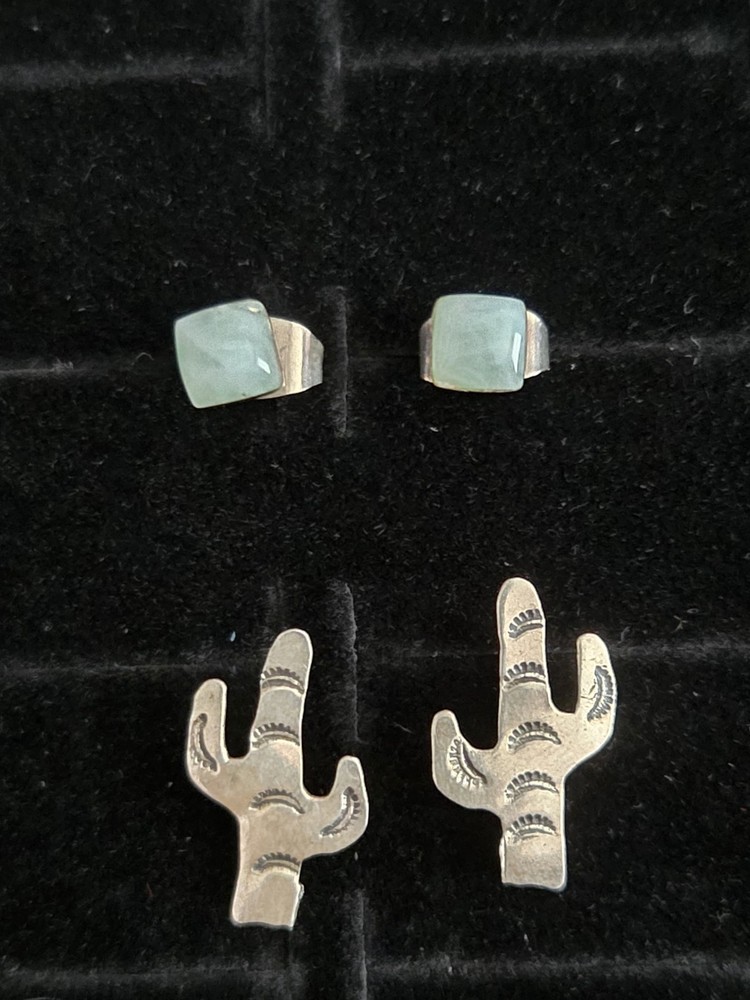 Vintage Sterling Silver Earrings Lot 2 Pair Post Stud Cactus & Stone