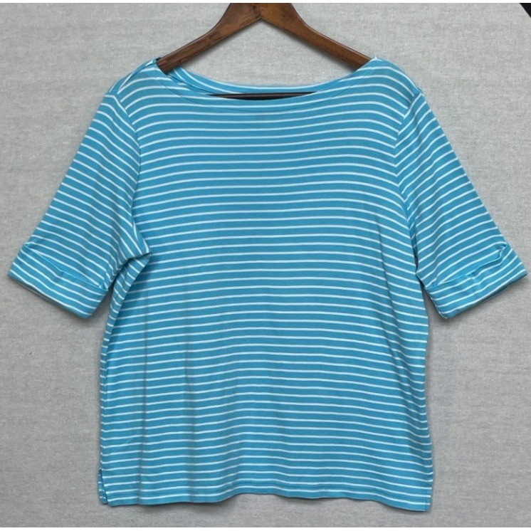 Lauren Ralph Lauren Women 1X Blue White Striped Boat Neck Cuffed Sleeve Knit Top
