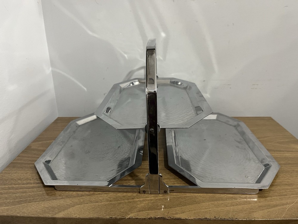 Vintage Mid-Century Chrome Folding 3-Plate 2-Tier Serving Tray