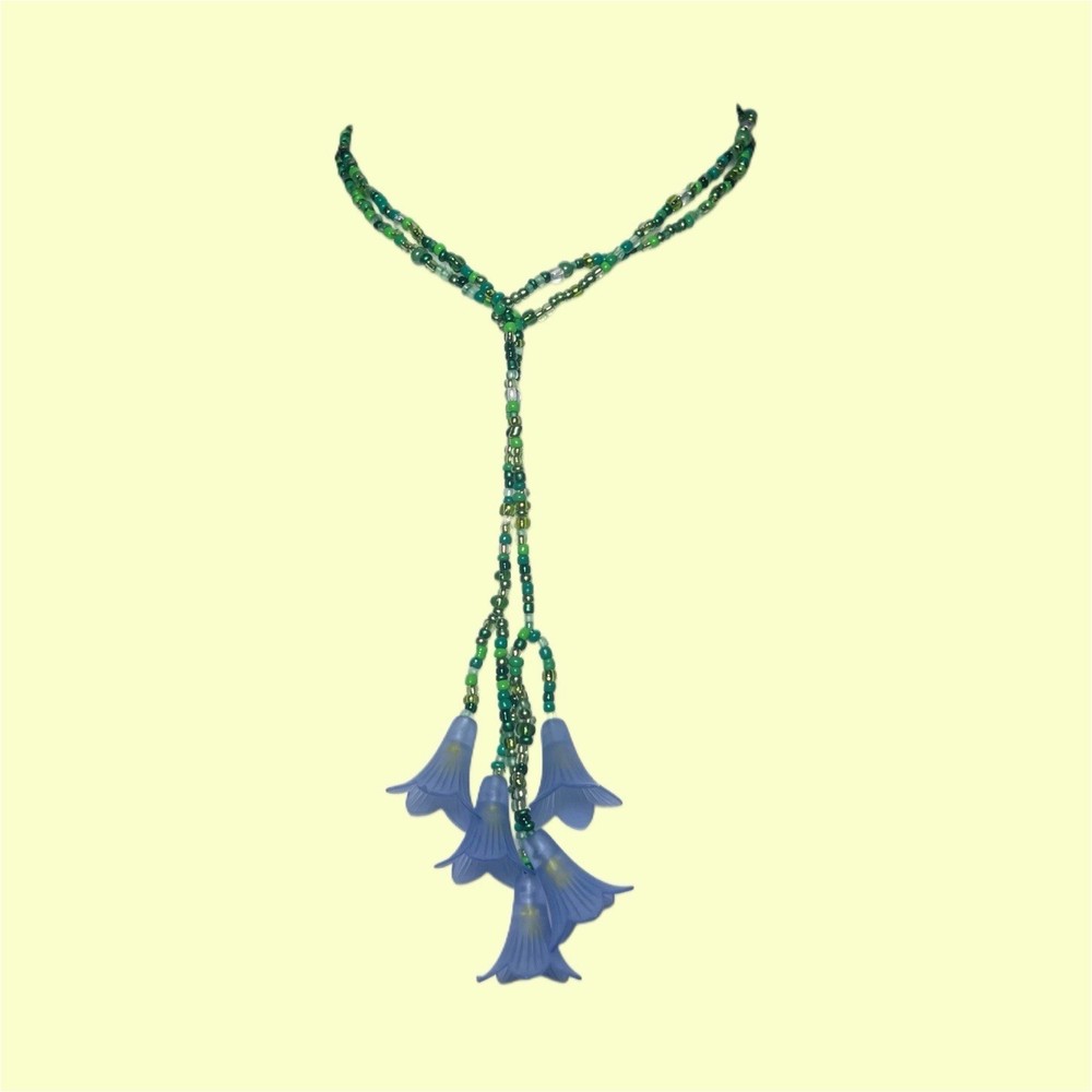 Handcrafted Beaded Necklace with Green Blue Flower Pendants Glass /Plastic beads