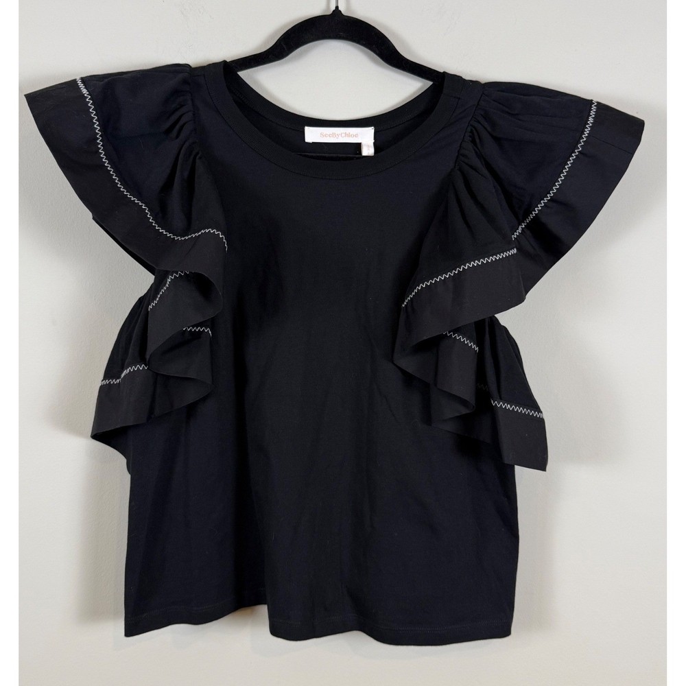 See By Chloe Black Ruffle Sleeve Cotton Top Contrast Stitch L