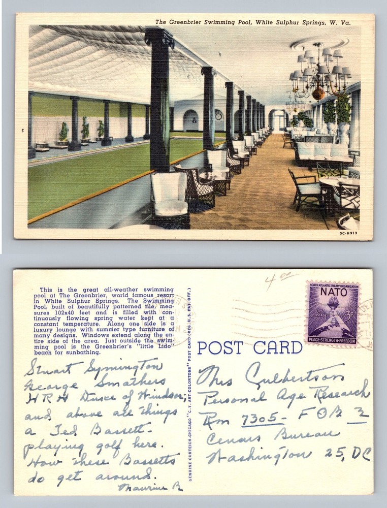White Sulphur Springs, West Virginia, Greenbrier Pool Interior Vintage Postcard
