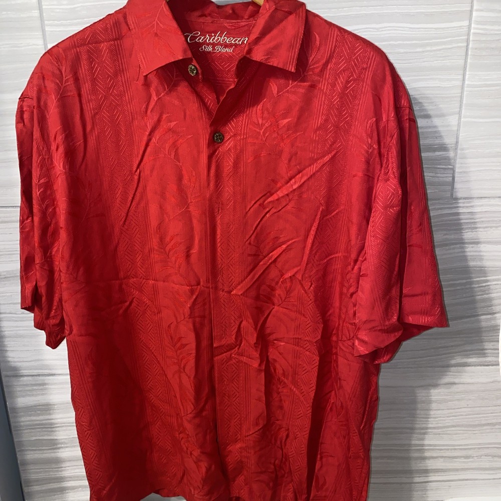 Caribbean  Red Silk /Rayon Blend Shirt Mens XL Button Up Short Sleeve