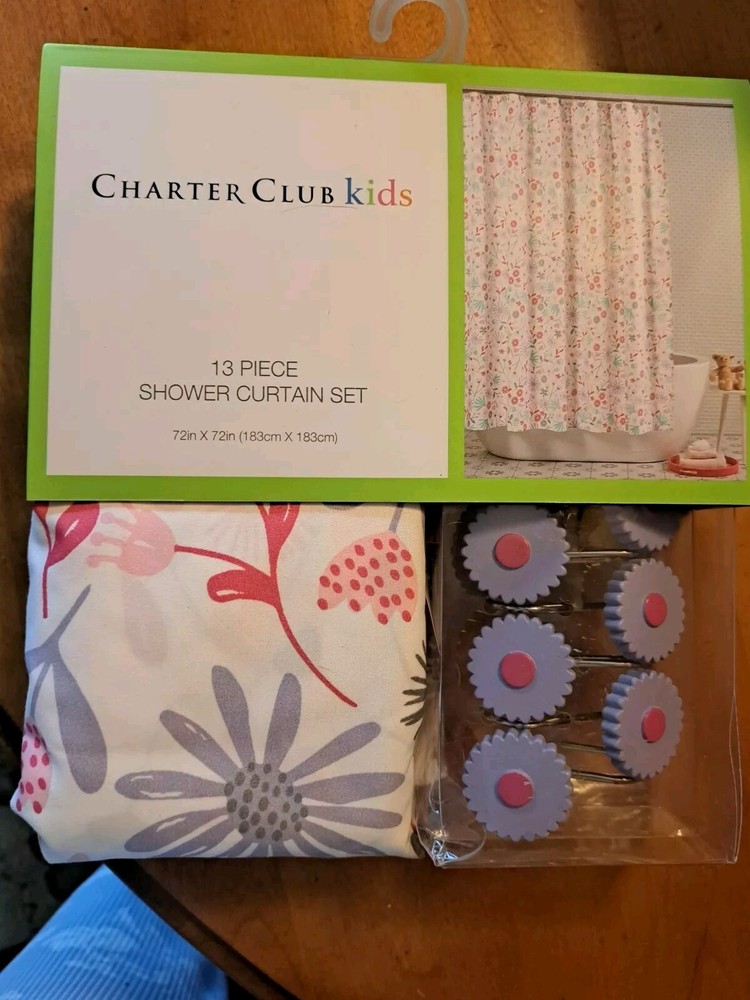 Charter Club Kids Wild Flowers Shower Curtain W/Flower Hooks, 13 piece set
