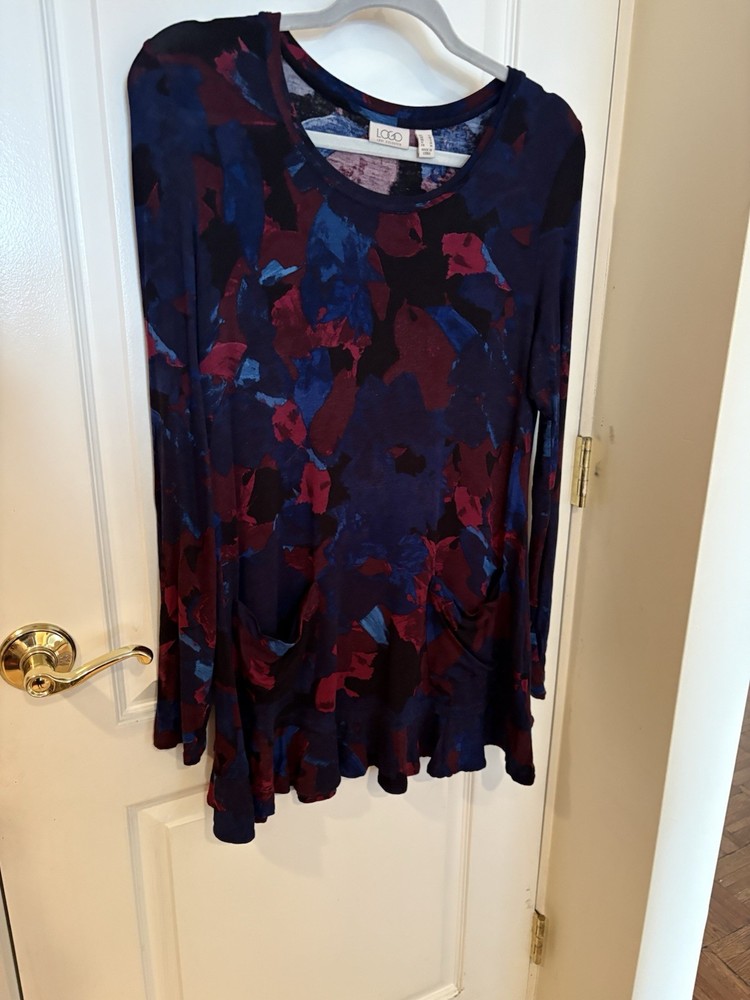 LOGO Lori Goldstein Multicolor Knit Tunic Blouse Abstract Ruffle Long Sleeve S