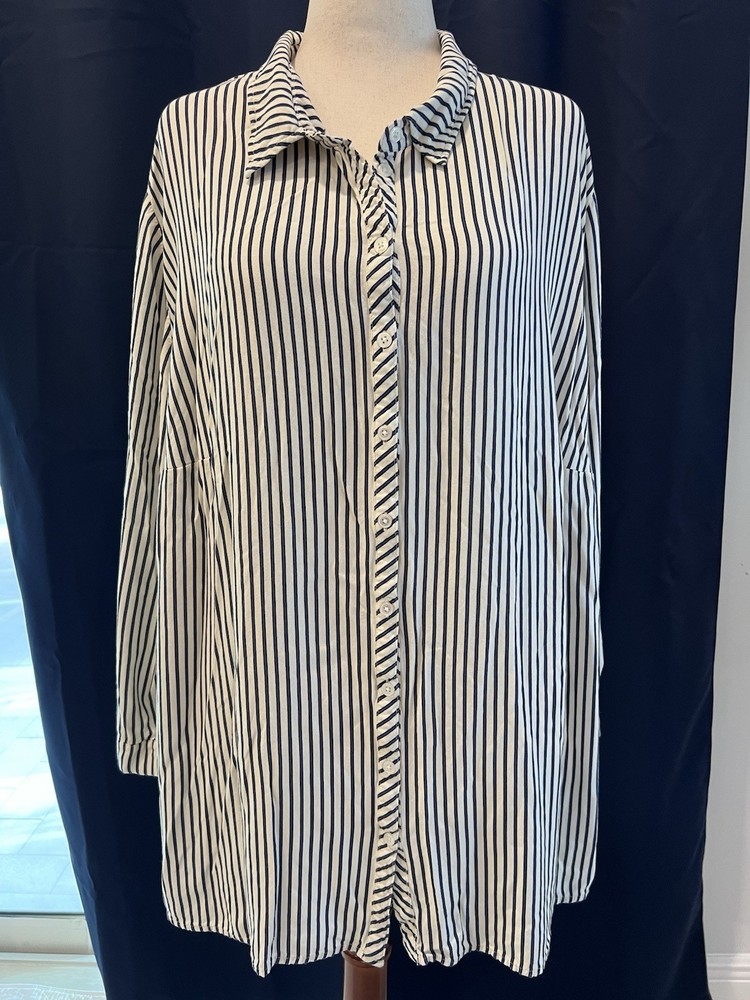 ULLA POPKEN Tunic Top Women 28/30 White-blue Long Sleeve Stretch Luxury Soft