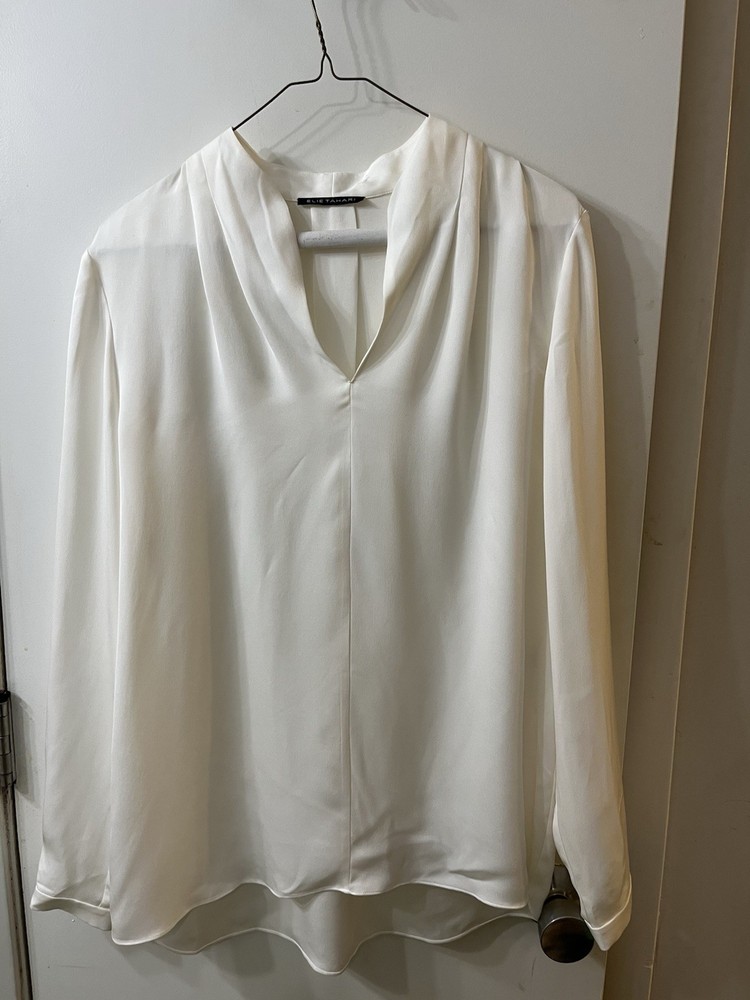 Elie Tahari Silk Satin V-Neck Button Blouse Cream Long Sleeve Size M