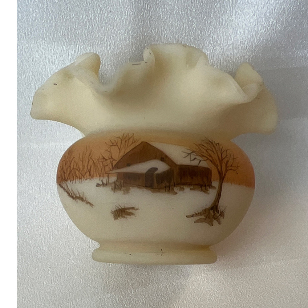 Vintage Fenton Ruffled Rose Bowl Hand Painted Barn Scene by Dane Fredrick Signed
