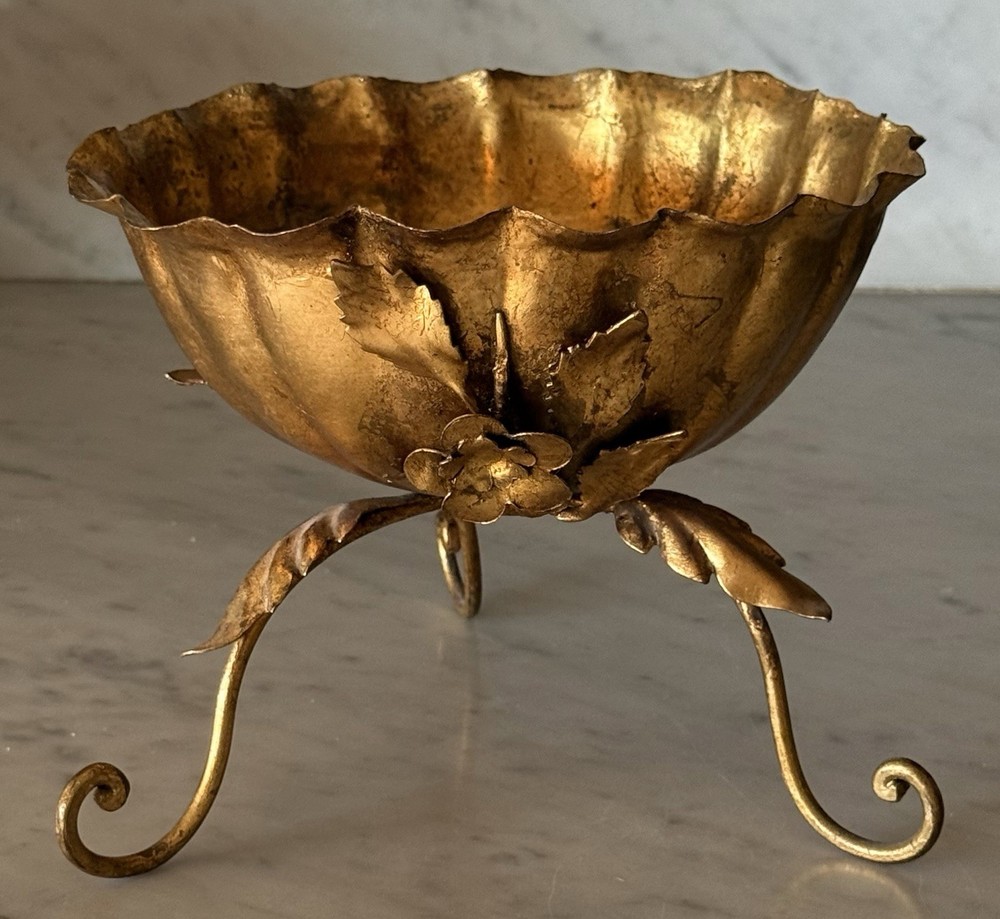 Vintage MCM Italian Gilded Tole Cachepot Bowl w/ Floral Accents