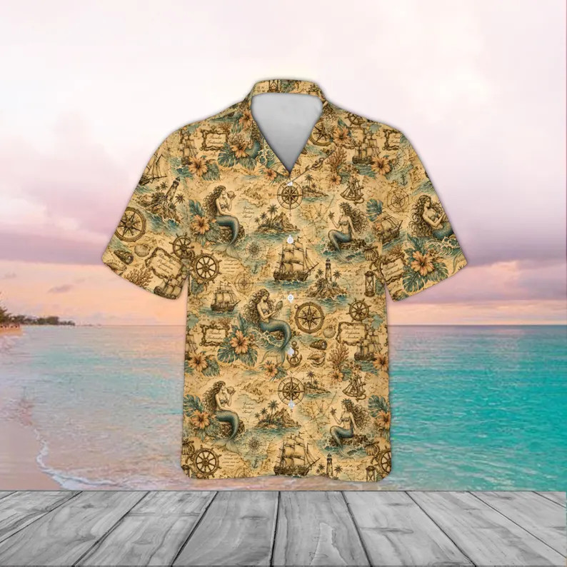 Vintage Mermaid Nautical Hawaiian Shirt Ocean Beach Aloha Summer Vacation Mens