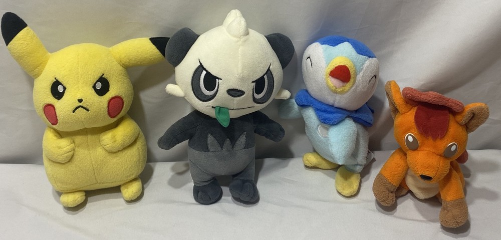 Lot of 4 Pokémon Stuffed 7” Plush Toys Angry Pikachu, Vulpix, Piplup, & Pancham.