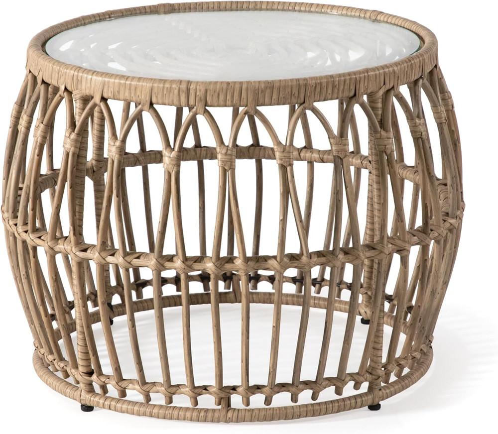 Ysar Boho Rattan round Coffee Table Outdoor with 5Mm Tempered Glass Top, All-Wea
