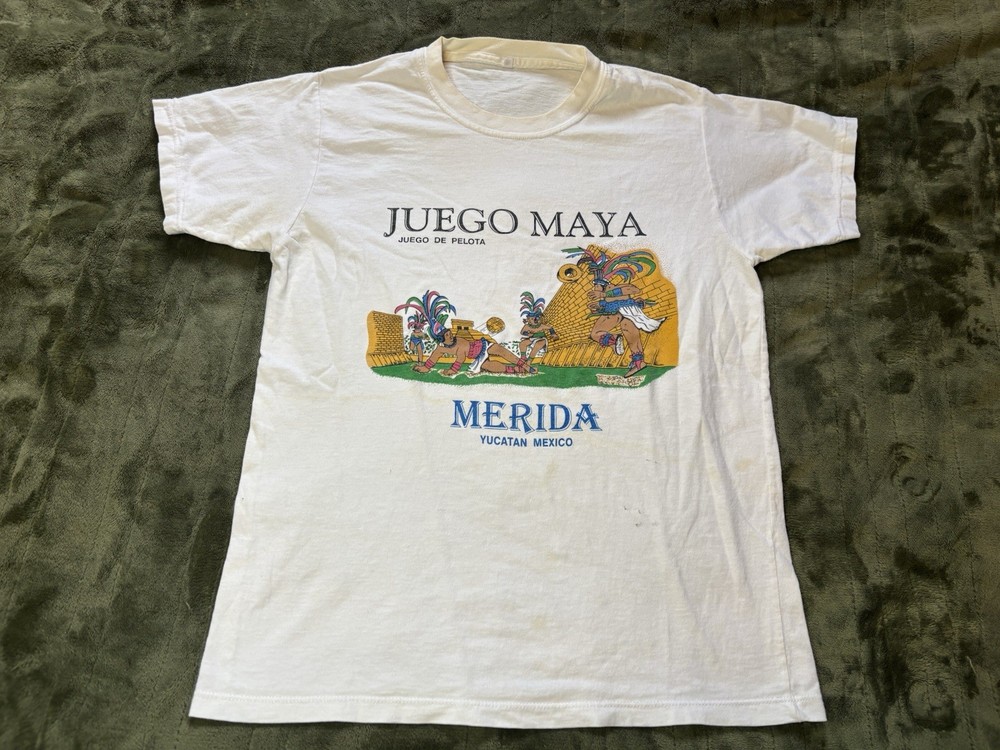 Vintage Merida Yucatan Mexico Shirt Mens Small White 90s Travel Juego Maya Art