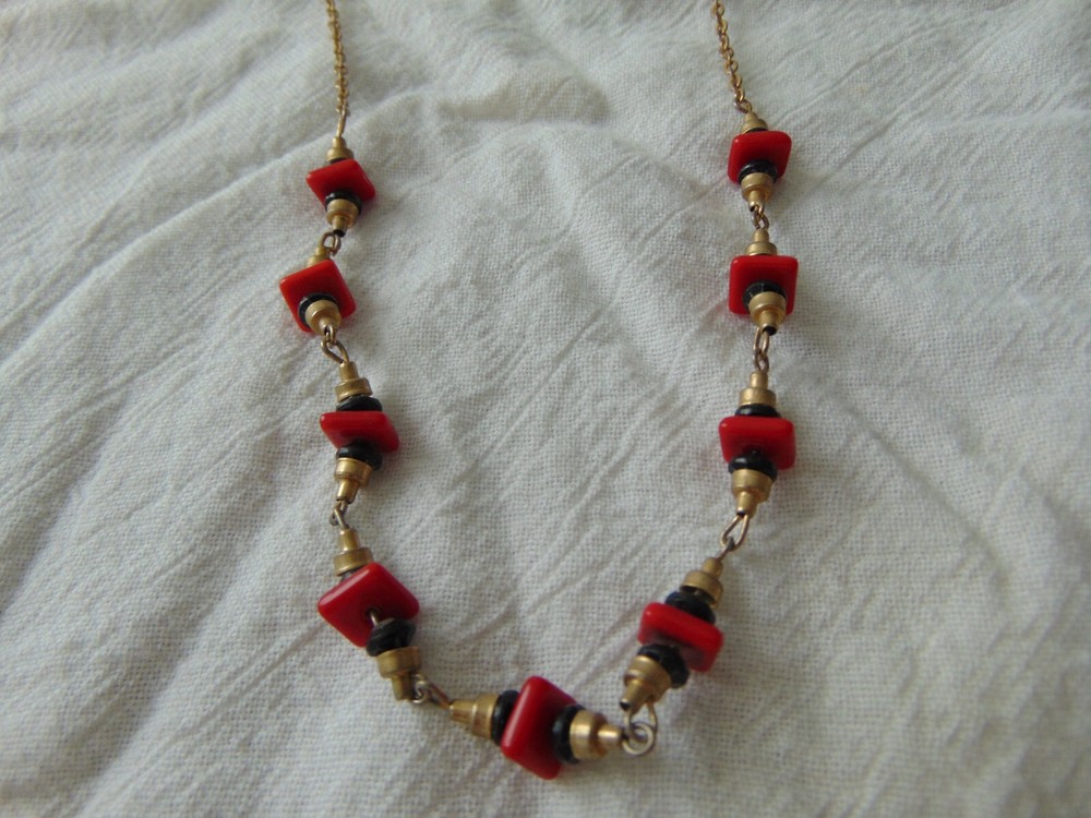 vintage antique Art Deco red black gold necklace 30