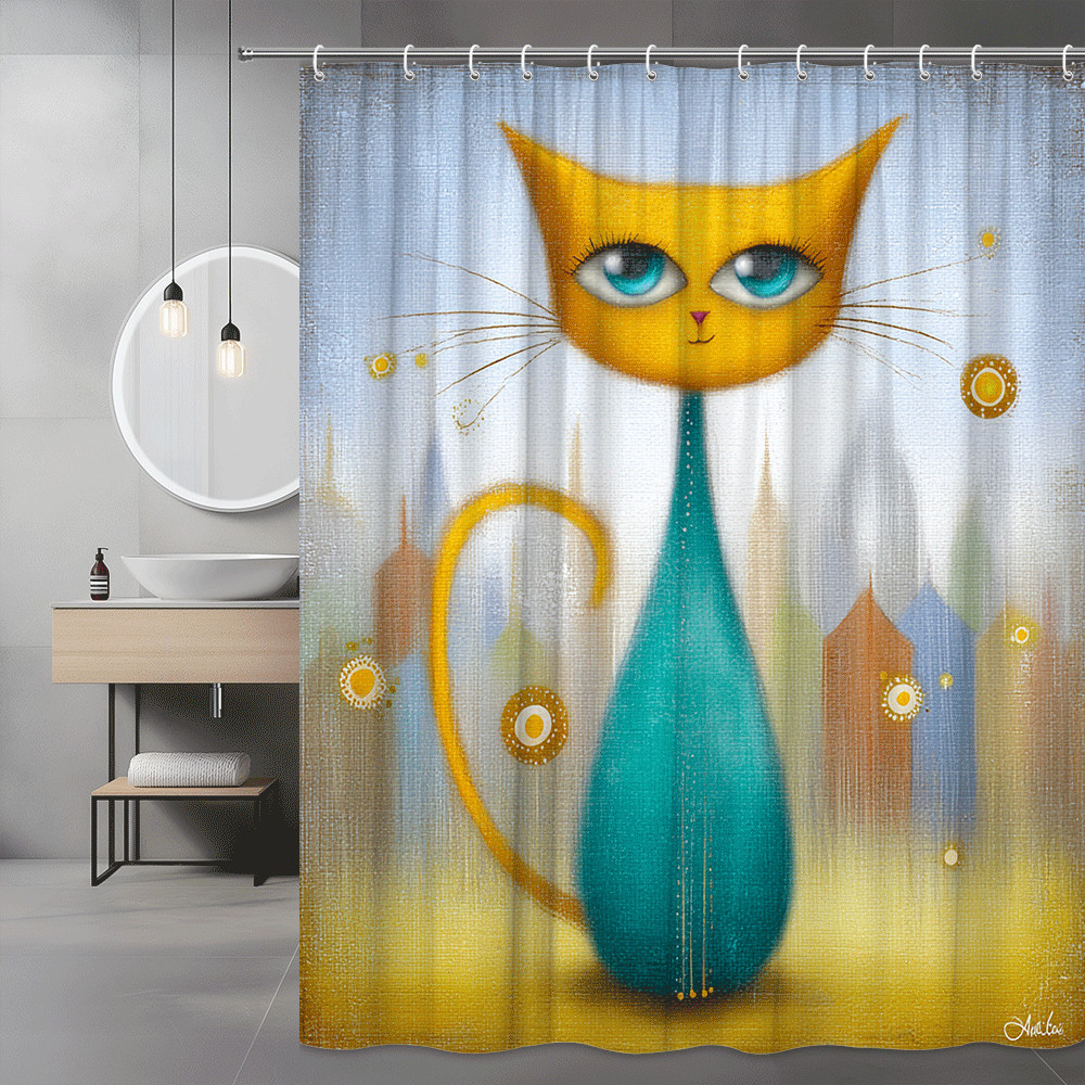 Cat Art Shower Curtain, Blue and Yellow Graphic Print