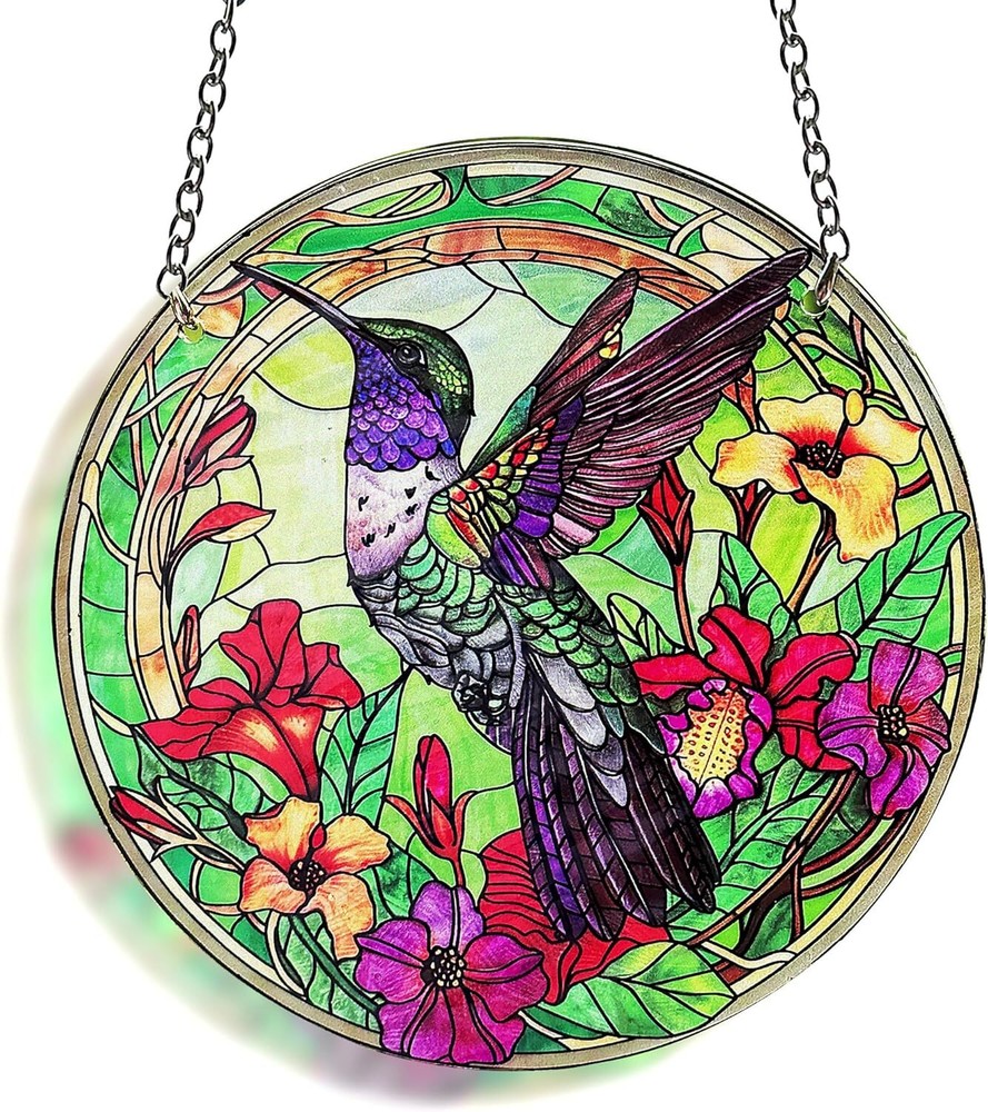 Hummingbird Stained Glass Decor for Women, Panel Purple and Green