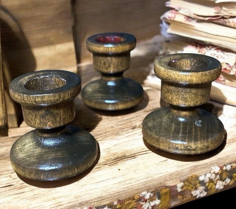 Wood Carved Hand Turned Taper Candle Holders Set of 3 Vintage Farmhouse Decor