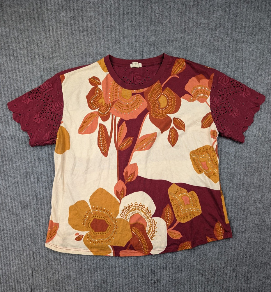 Anthropologie Tiny Jeanine Blouse Womens Medium Eyelet Magnolias Boho Floral Art